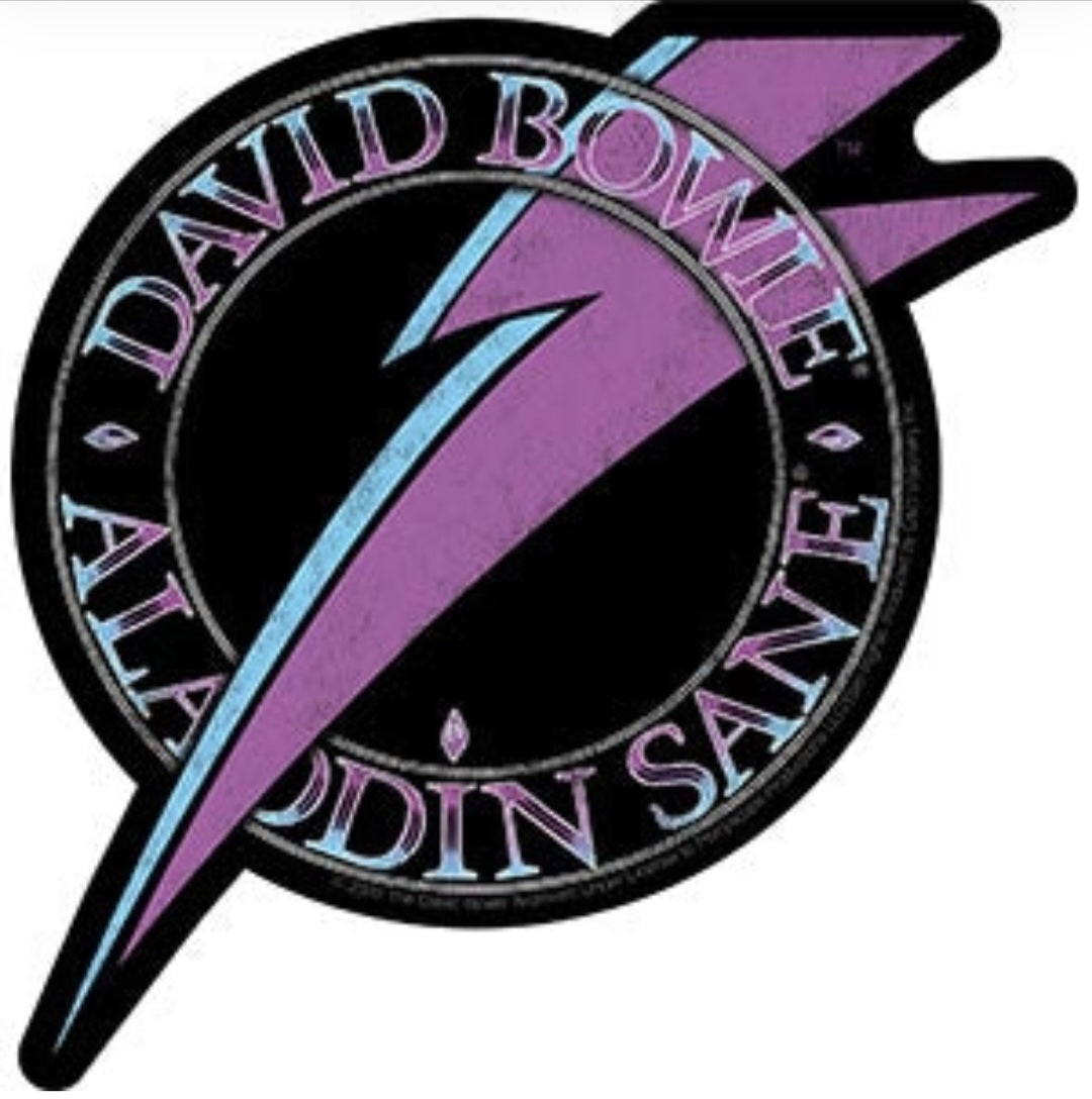 David Bowie band sticker with purple/black circular logo and lightning bolt