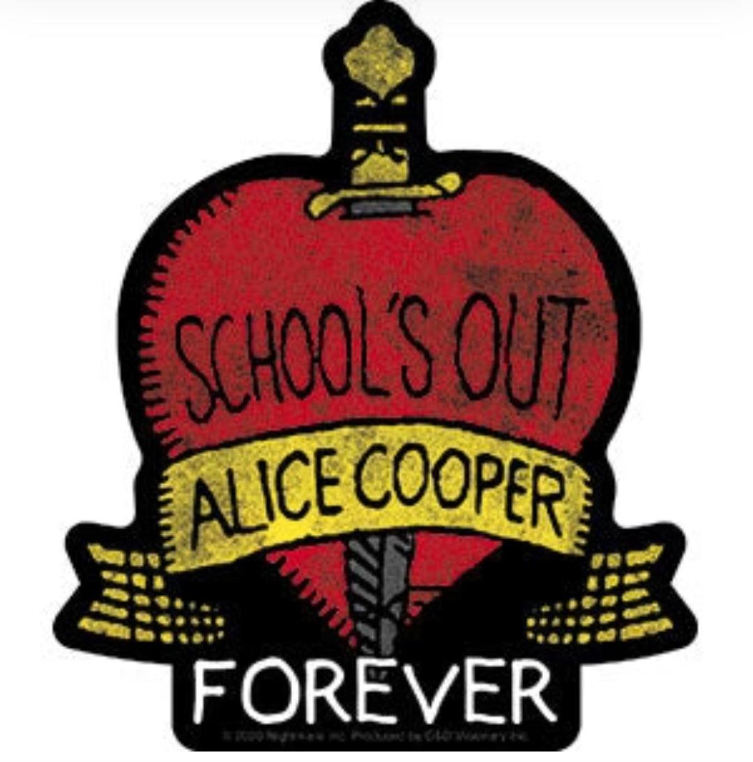 Alice Cooper band sticker with red school-themed text, yellow banner, and 'FOREVER' at bottom
