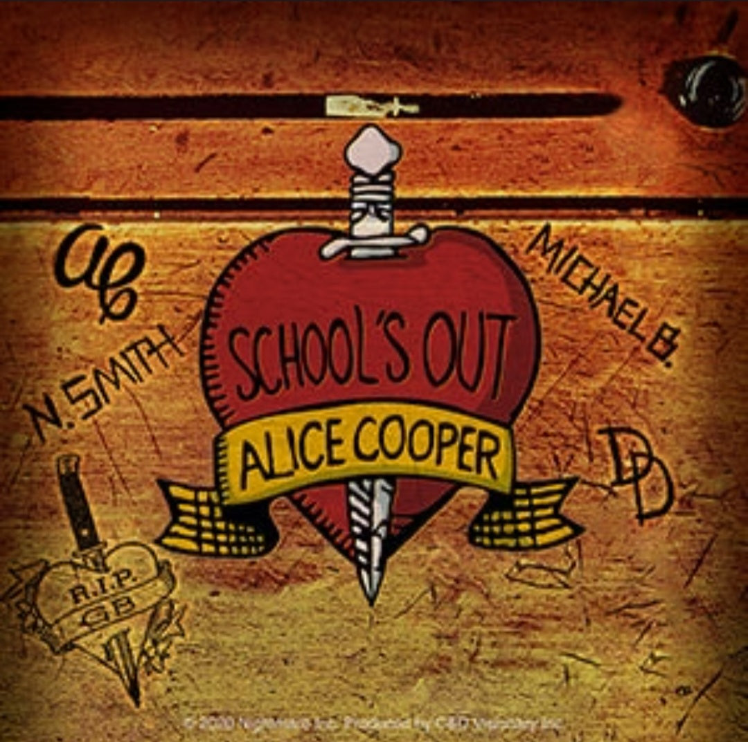 Rock band sticker with red shield and 'Schools Out' and 'Alice Cooper' text