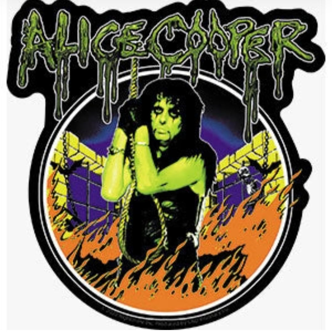 Band sticker, circular design with green dripping logo and singer figure.