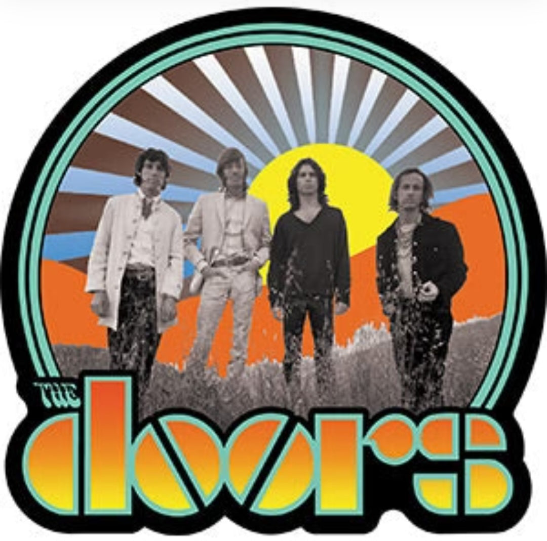 The Doors band sticker: circular teal border with four members and large stylized logo