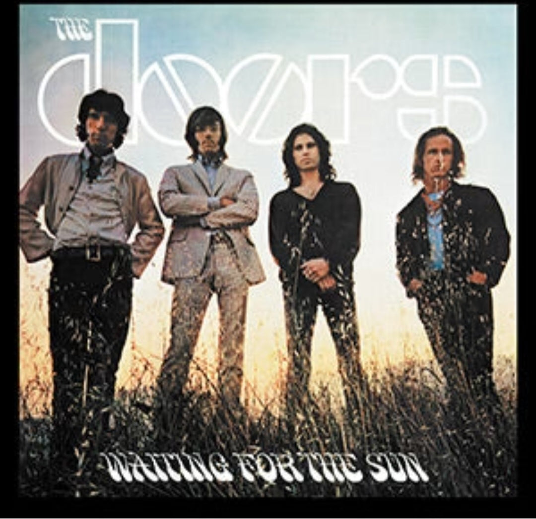 Band sticker with four The Doors members and large white lettering, music-themed art