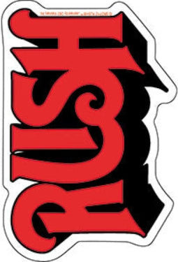 Rush band sticker with red and black stylized letters