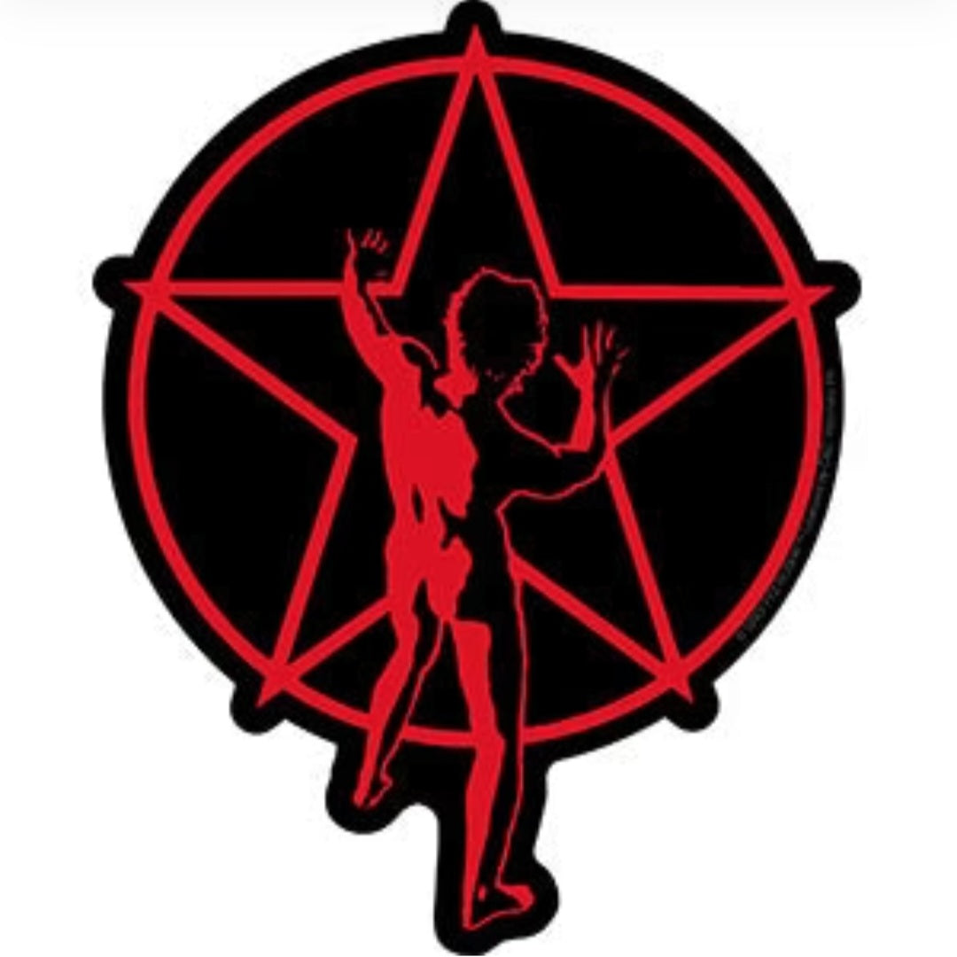 Rush band sticker with red-outlined star and silhouetted guitarist in a black circle