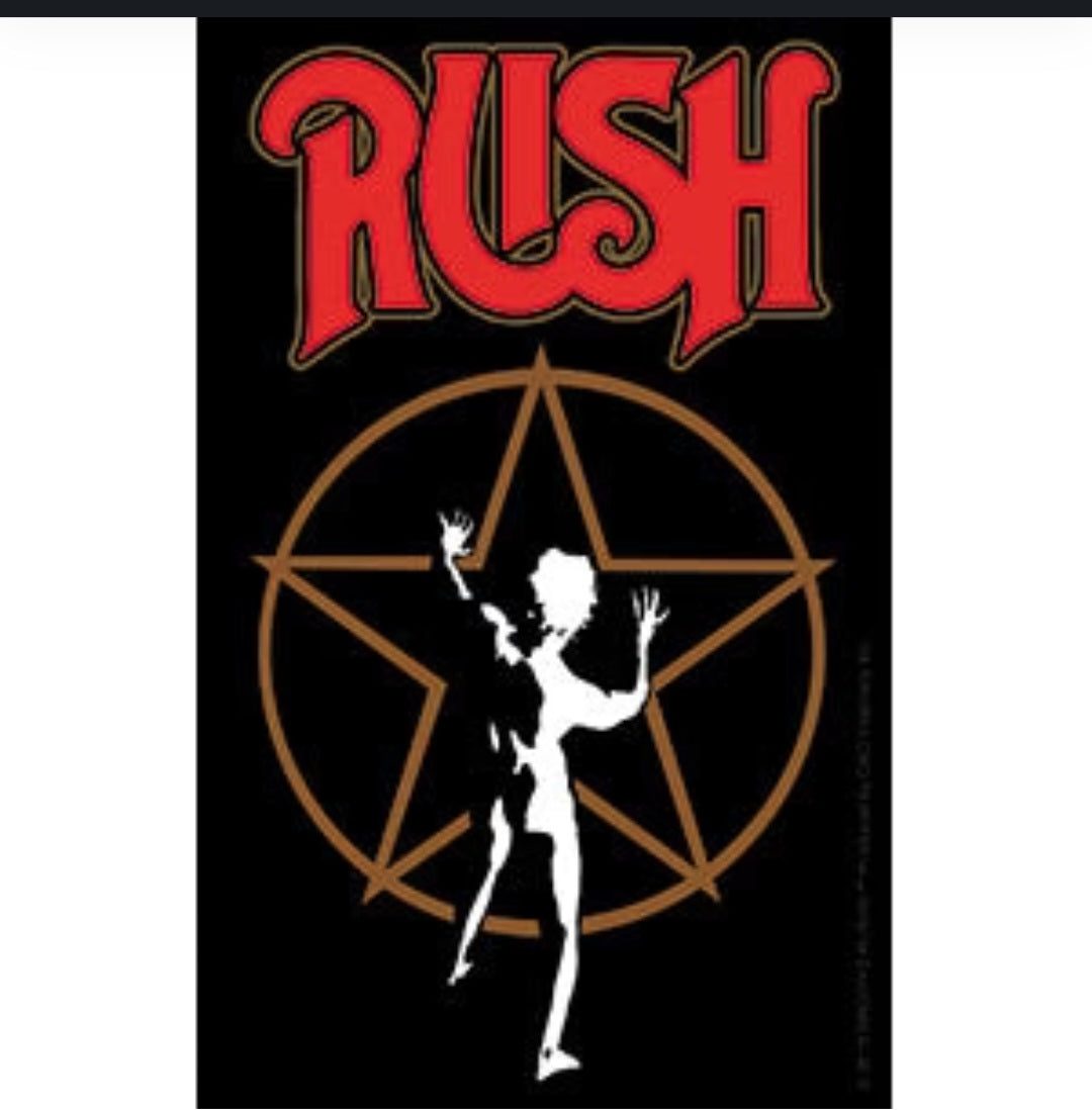 Band sticker with Rush logo, dancer silhouette, and pentagram ring design