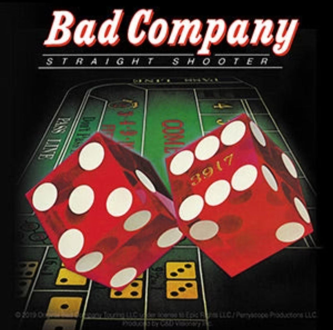 Band sticker: “Bad Company” headline and red dice with white pips