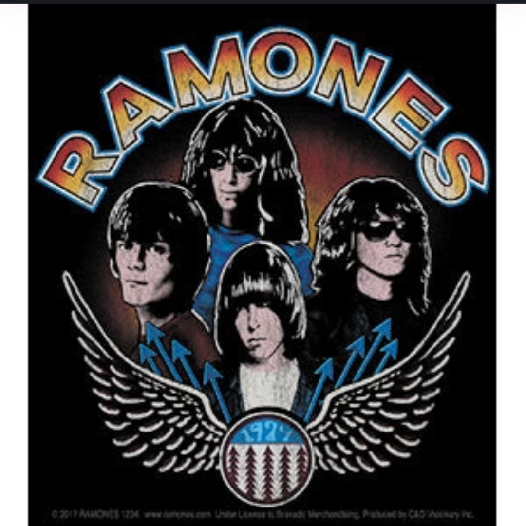 Ramones band sticker showing five members and large blue-red RAMONES text