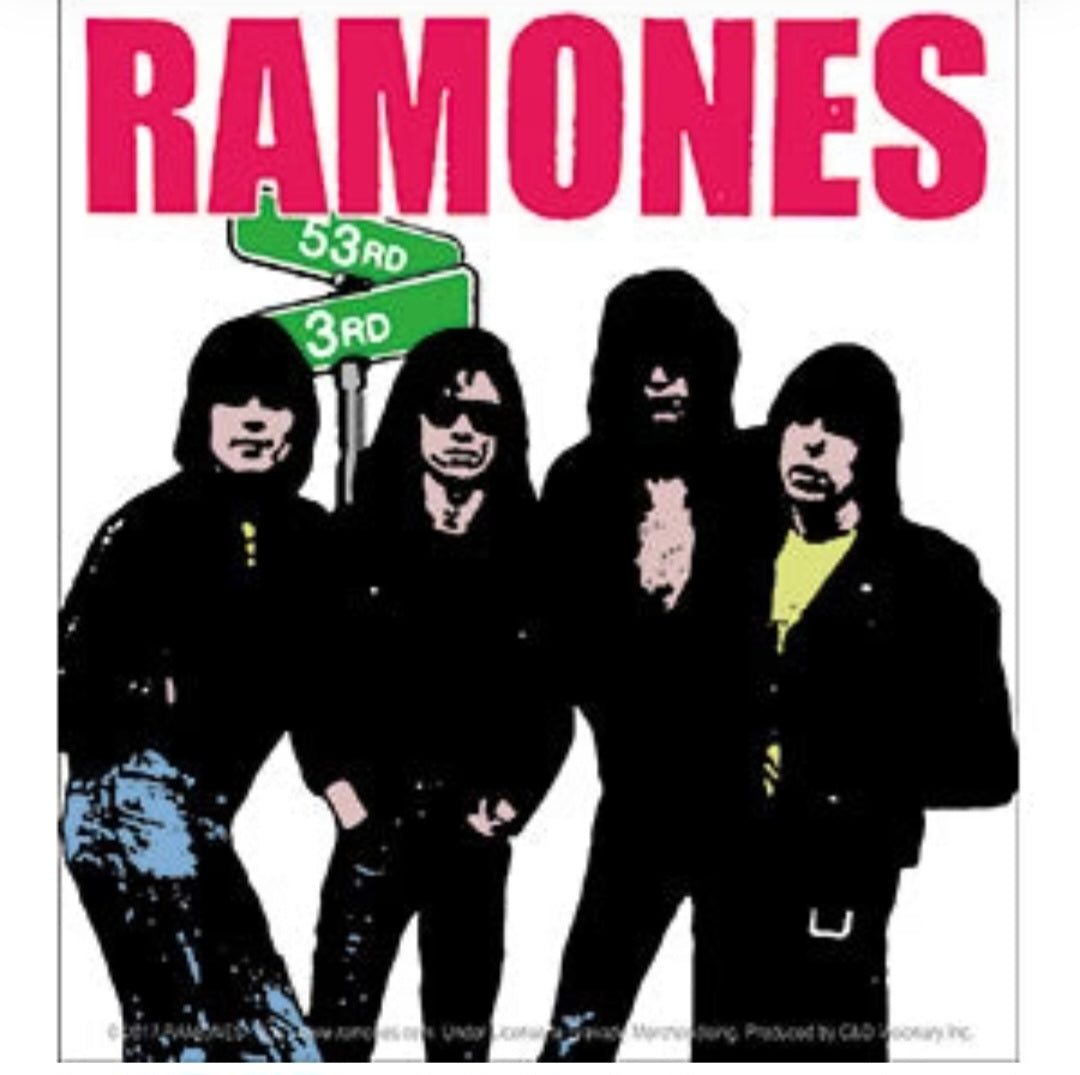 Ramones band sticker with pink RAMONES lettering and black band members graphic