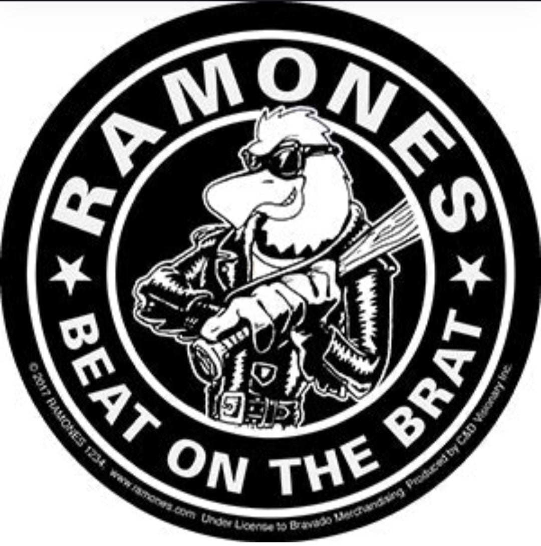 Ramones band sticker, round black design with white guitarist graphic and ring text