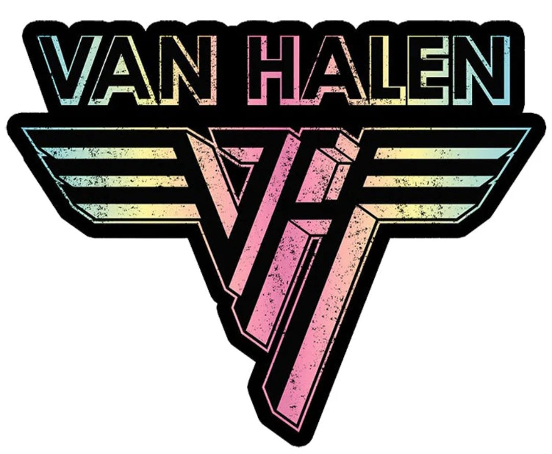 Van Halen band logo sticker with winged emblem, teal, pink, and yellow accents