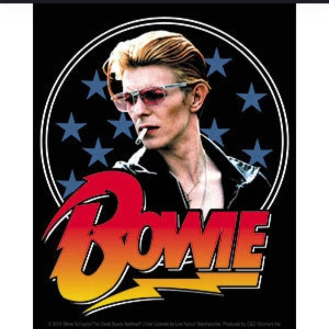 David Bowie sticker with face graphic and Bowie lettering