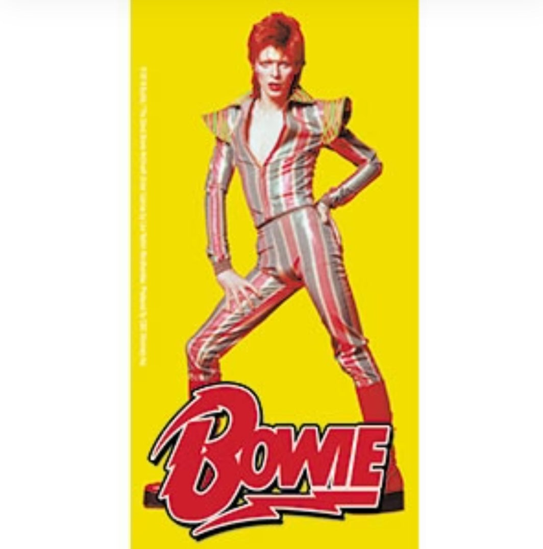 David Bowie band sticker with striped outfit figure and 'Bowie' logo