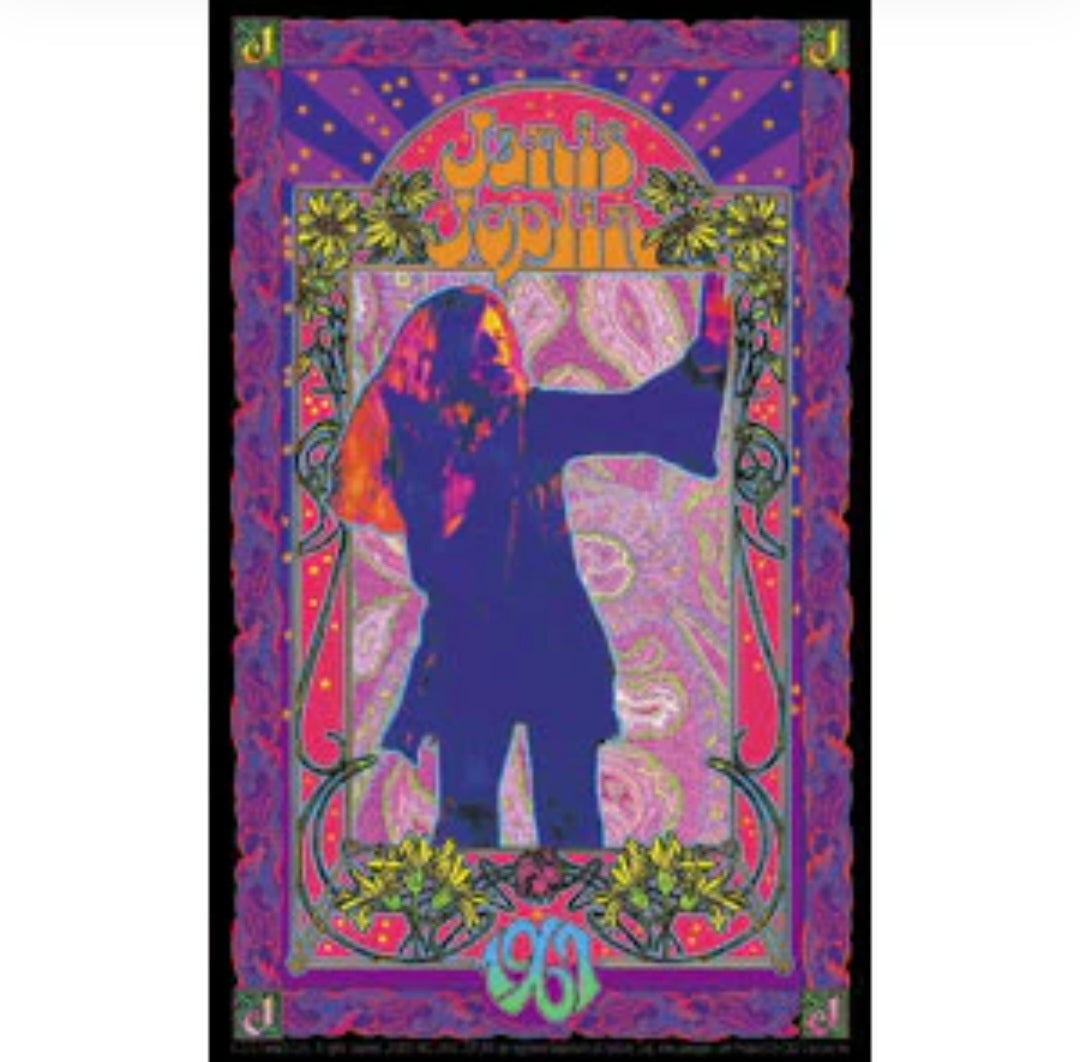 Music band sticker with colorful purple frame, floral accents, and artist silhouette