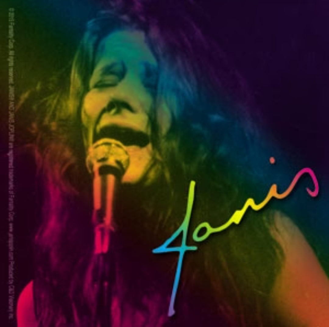 Janis Joplin band sticker with singer portrait holding microphone and colorful signature text