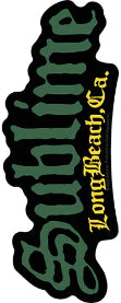 Band sticker with dark green outlined shape and gold vertical text detail