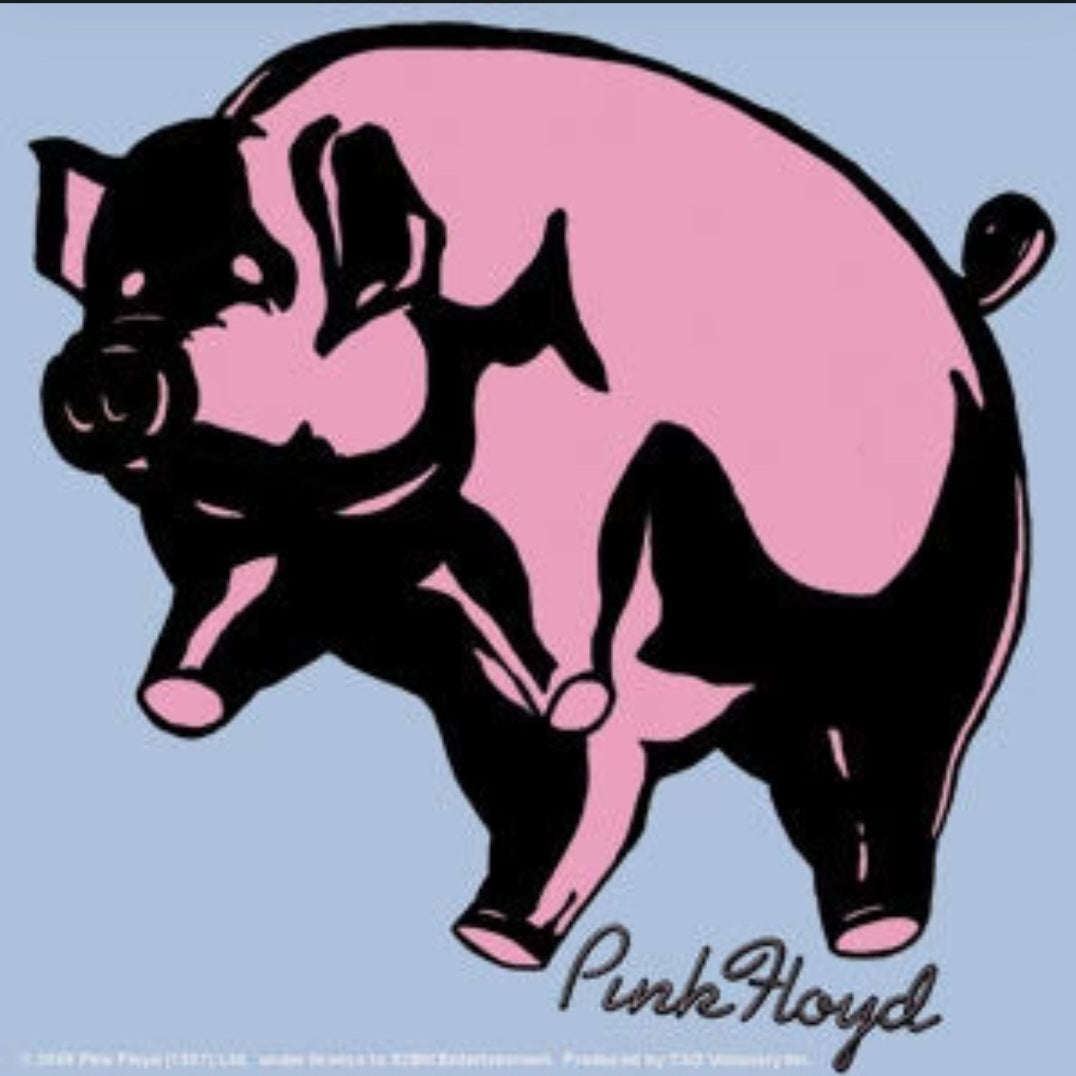 Pink Floyd band sticker of a pink pig with black silhouette and signature text