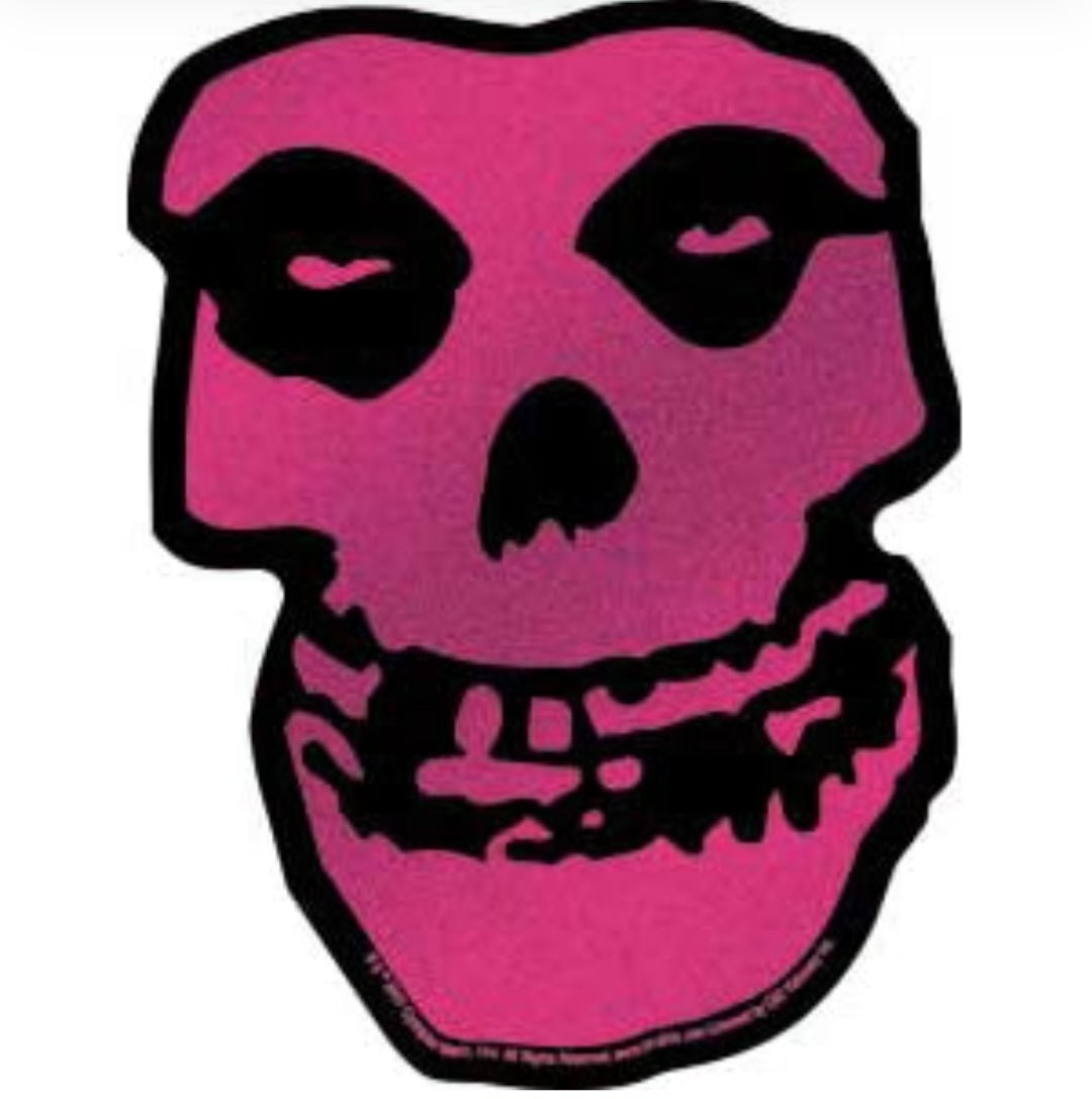 Misfits band sticker of stylized purple skull face with black shadows