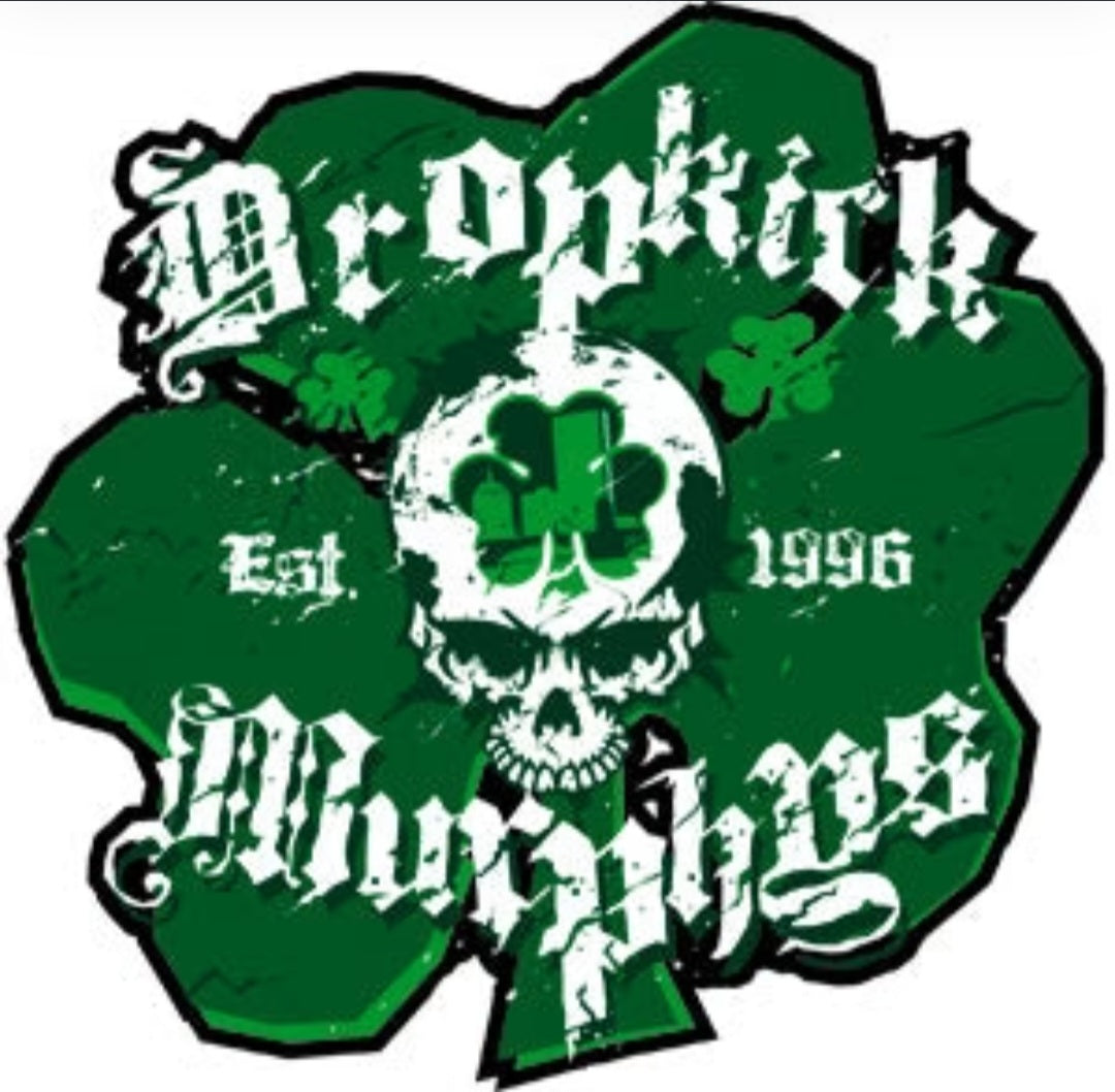 Green band sticker with skull graphic and ribbon text, jagged edges