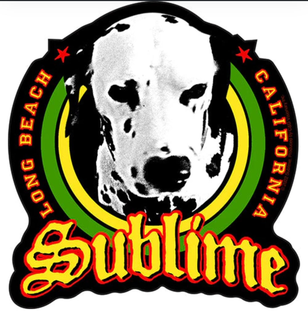 Band sticker with black border, large dog portrait, green/yellow ring and colorful text