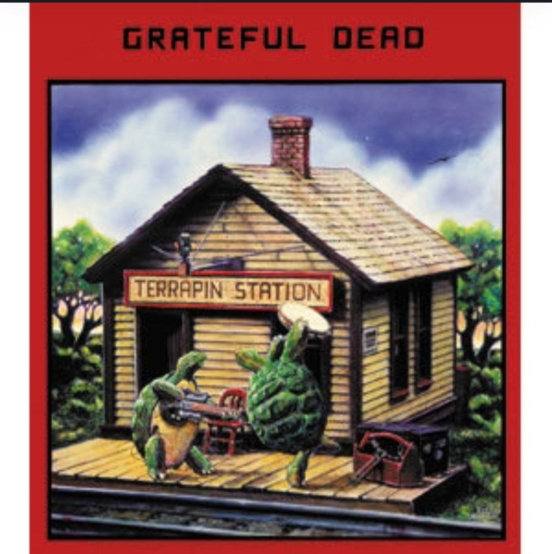 Grateful Dead band sticker with Terrapin Station building scene, red border