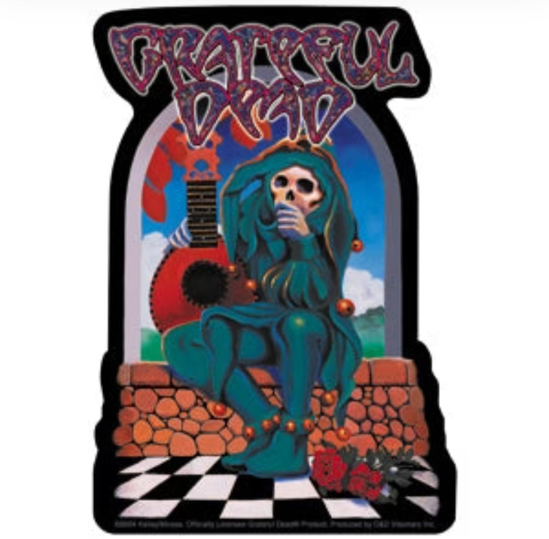 Colorful rock band sticker with stylized teal musician holding guitar and banner