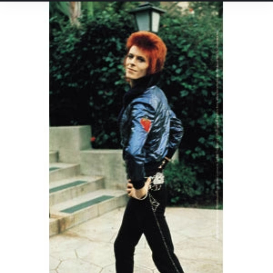 Band sticker featuring portrait of a man in a blue jacket with orange hair