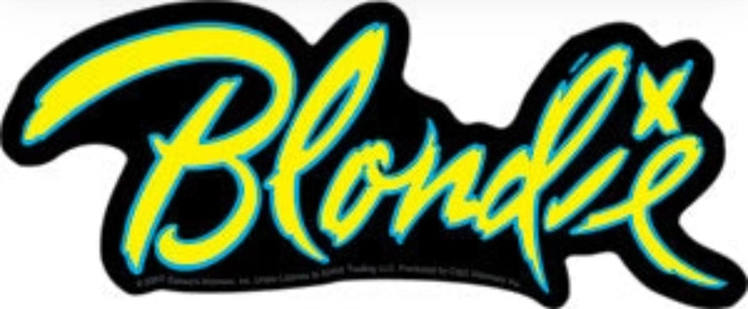 Blondie Band sticker, bold cursive text in yellow and green with black outline