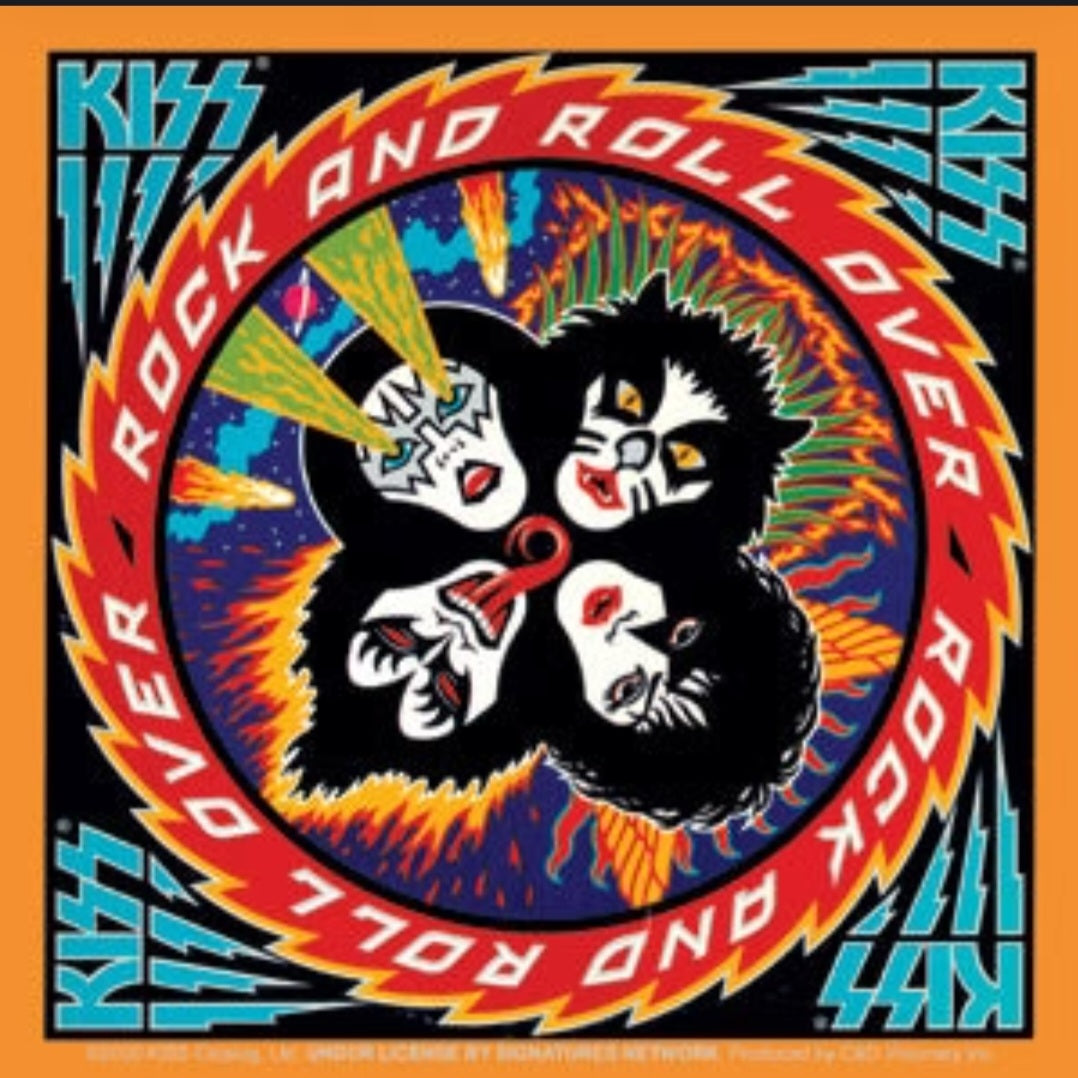 Rock band sticker with circular graphic of four faces in colorful flame style