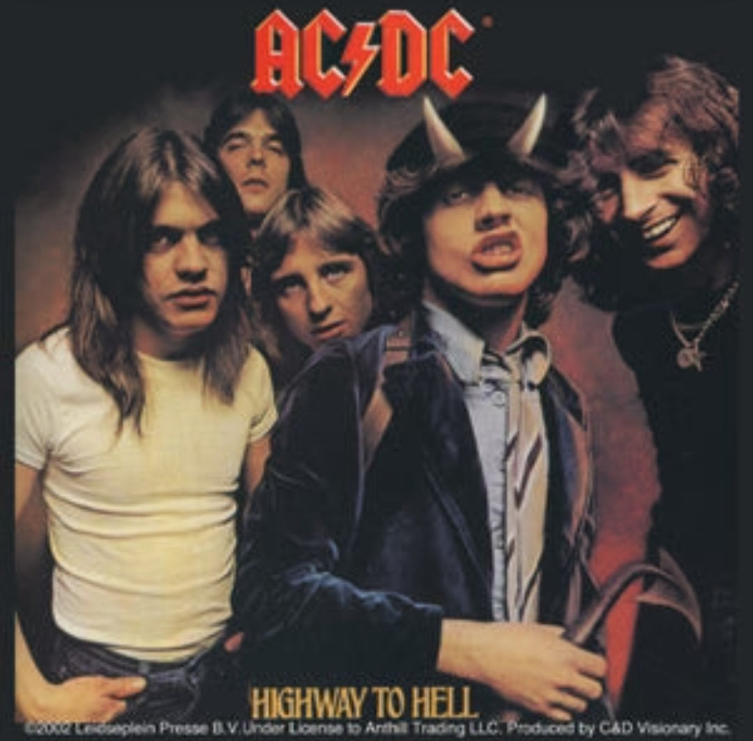 AC/DC band sticker with group photo, red AC/DC logo, and Highway to Hell text