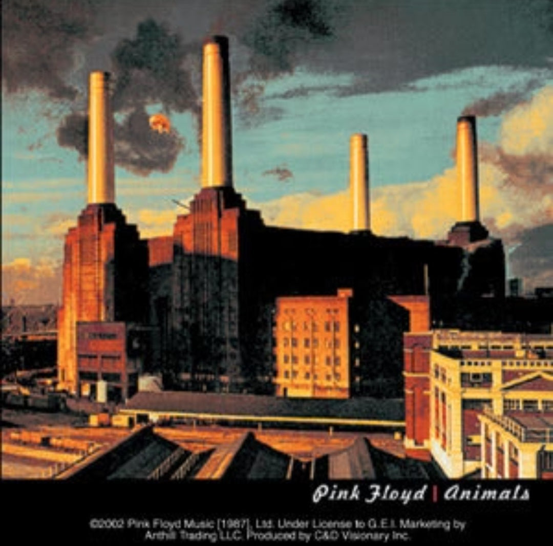Band sticker showing factory skyline with Pink Floyd Animals text