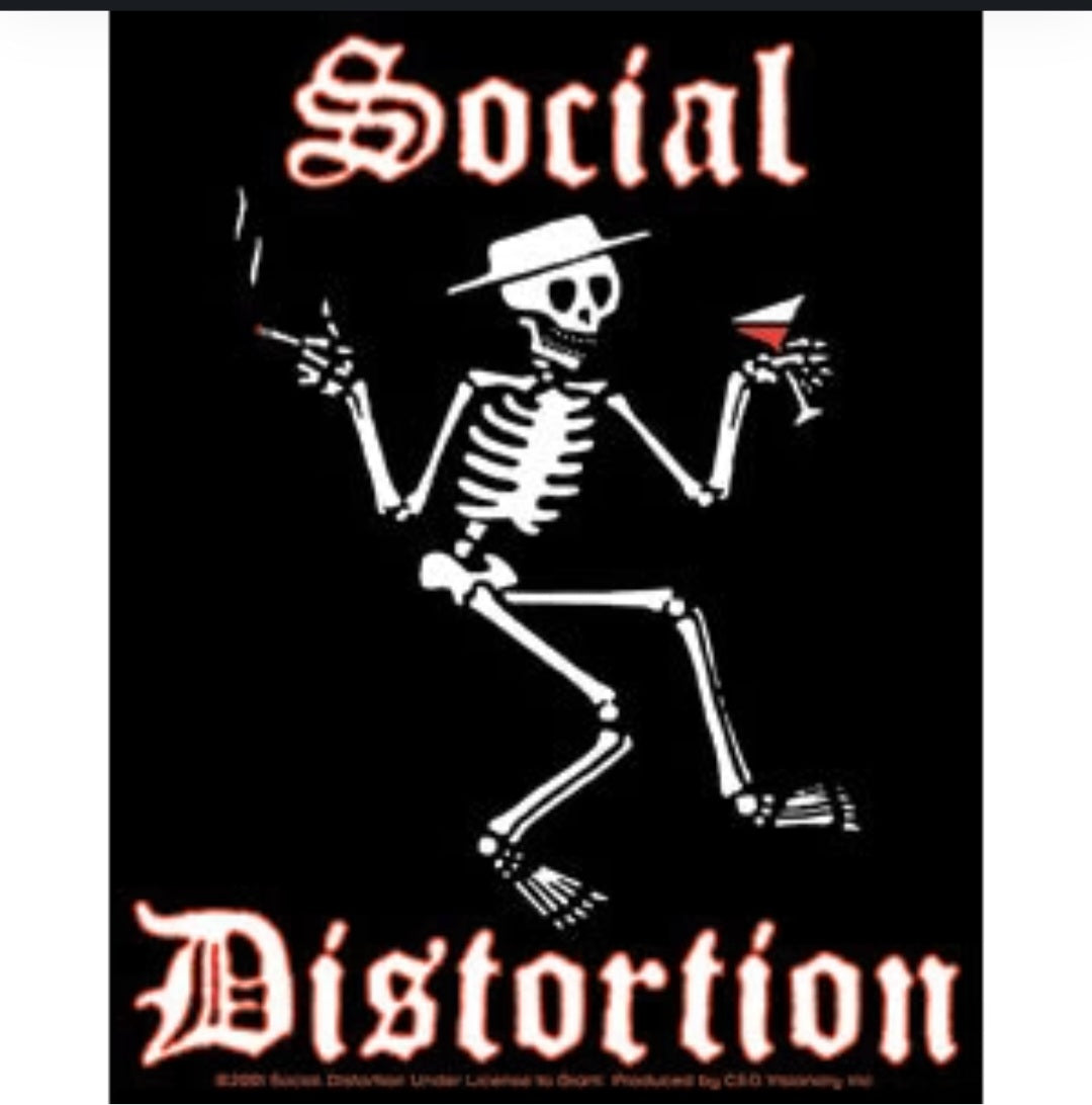 Band sticker with pink Social Distortion text and skeleton cowboy graphic