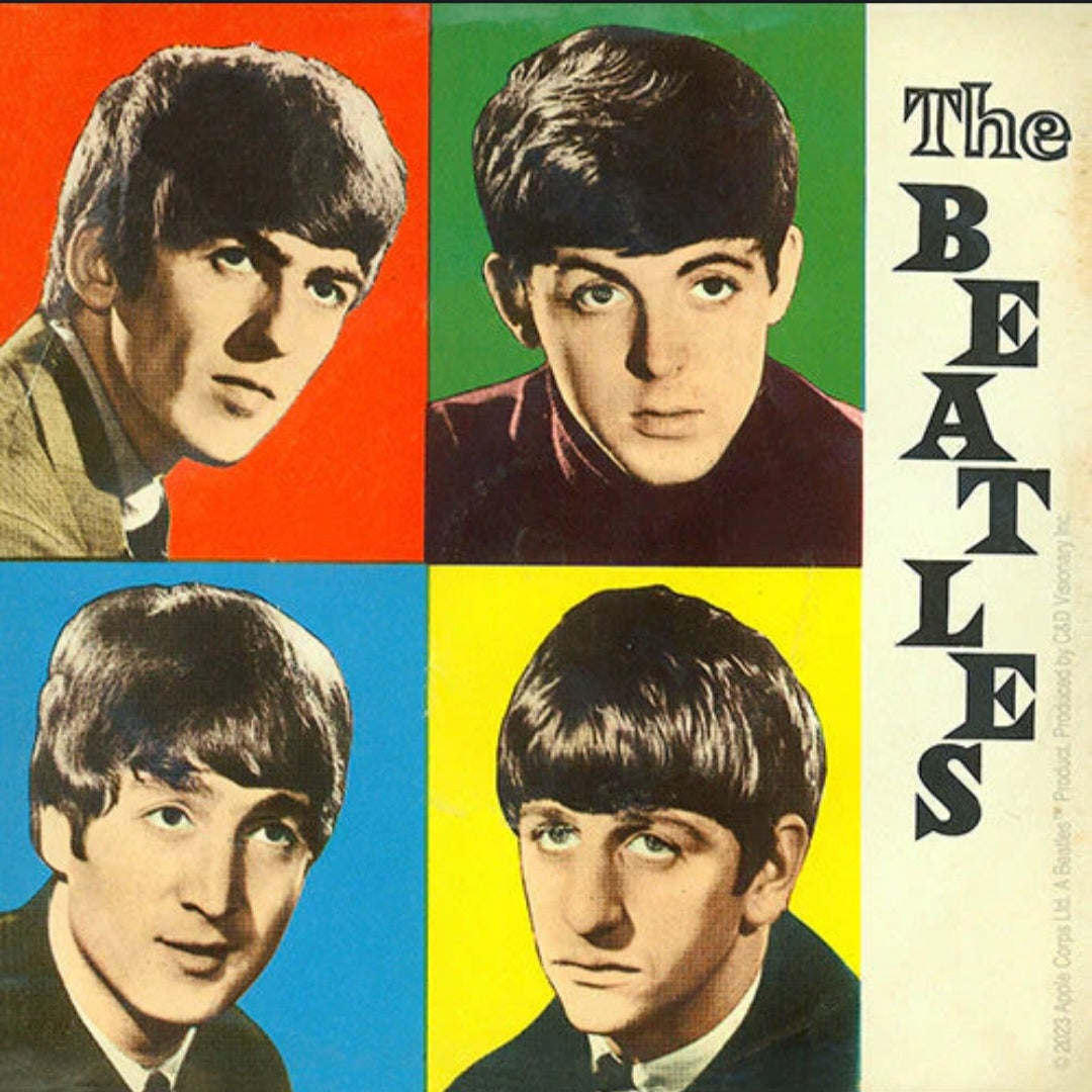 Band sticker with five portrait faces and vertical "The Beatles" text