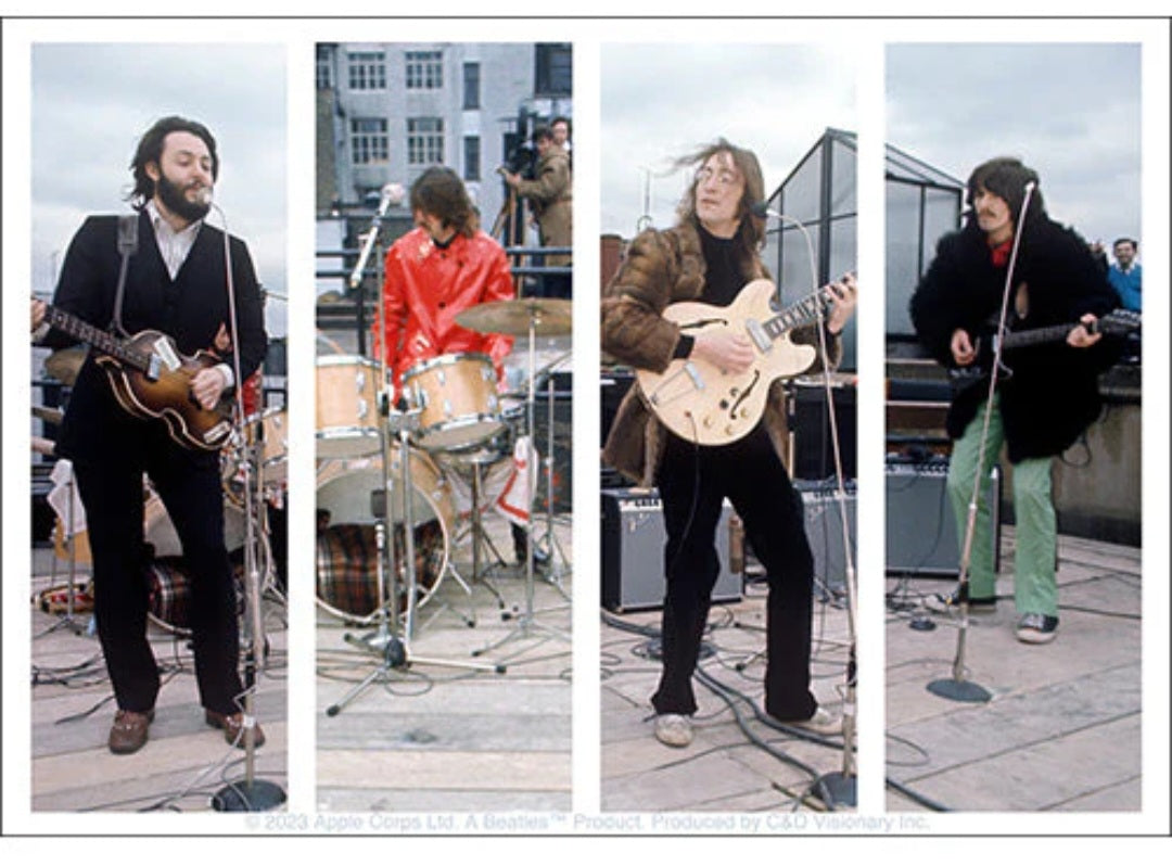 Band sticker with four musicians performing, guitars and drums in a street scene