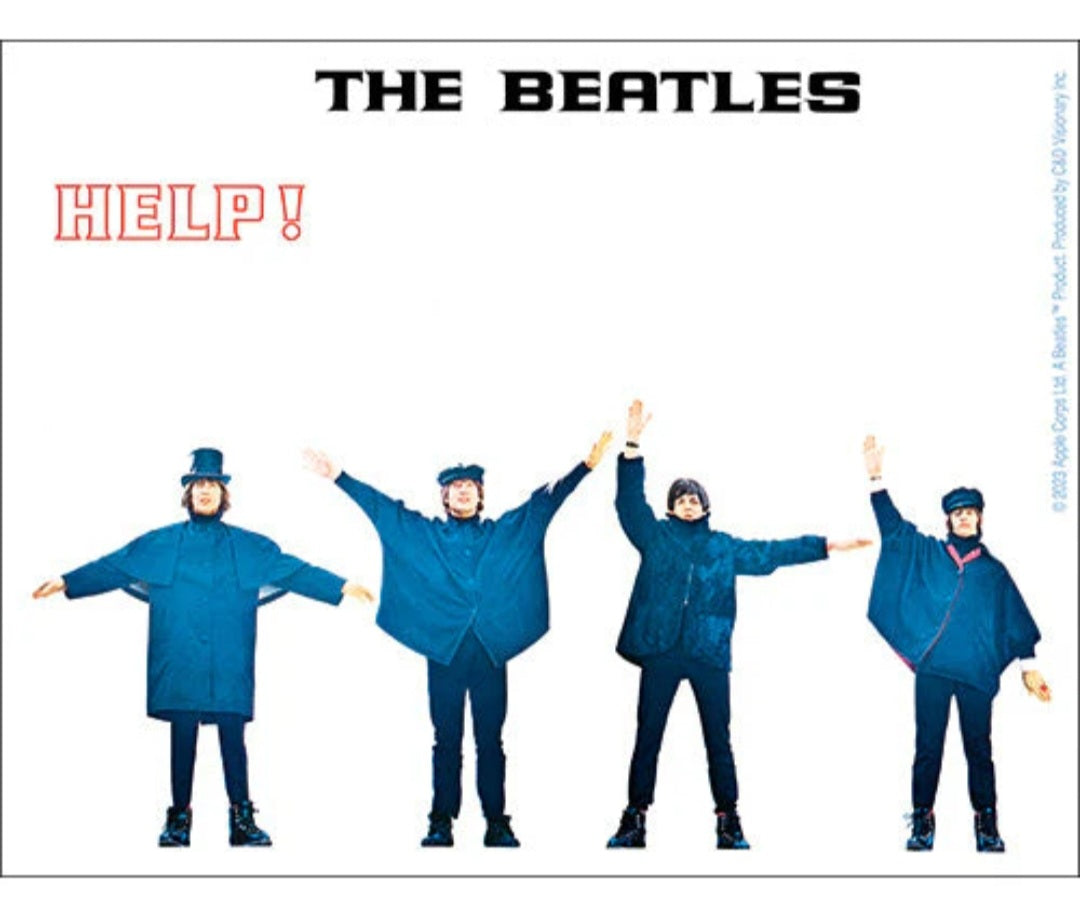 Beatles band sticker with four members in blue outfits and 'HELP!' text