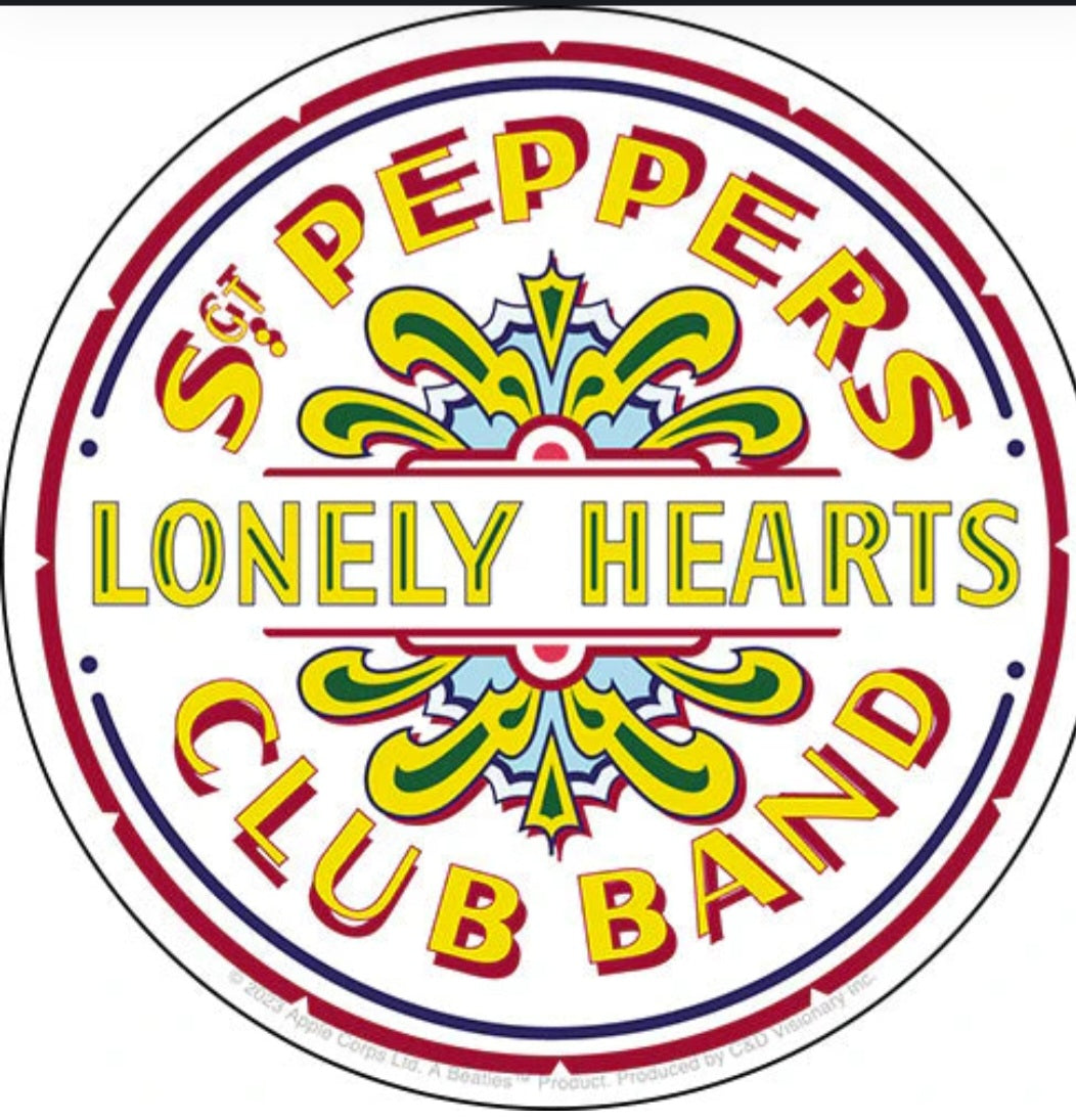The Beatles Sgt. Pepper's Lonely Hearts Club Band round sticker with colorful lettering