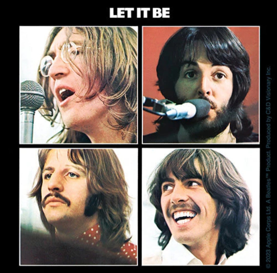 Square sticker with four band portraits and 'LET IT BE' text