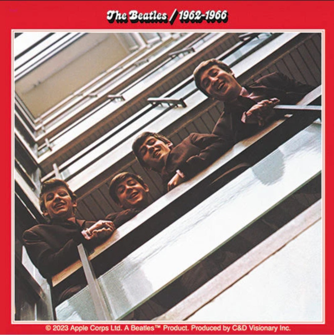 The Beatles band sticker, rectangular group photo with The Beatles 1962-1966 text