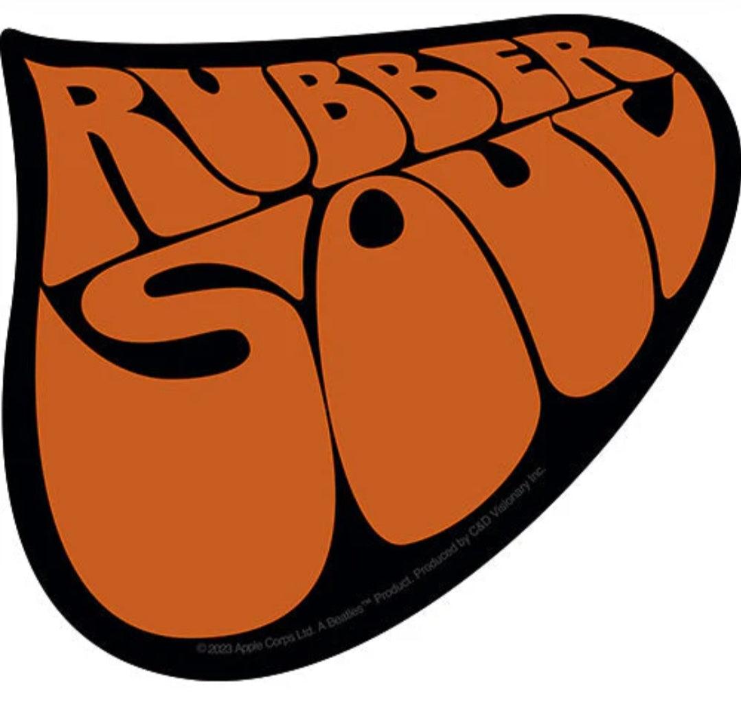 Orange and black band sticker with stylized lettering, oval shape