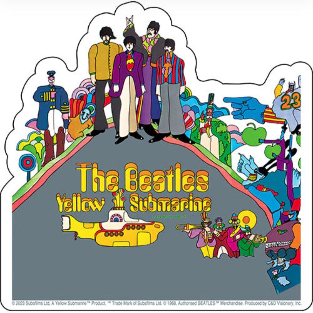 Colorful Beatles band sticker with cartoon band and Yellow Submarine title