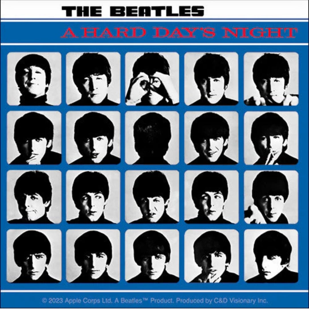 Beatles band sticker with blue border, title text, and 20 face silhouettes