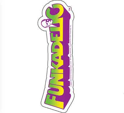 Funkadelic band sticker with purple and yellow logo and vertical die-cut shape