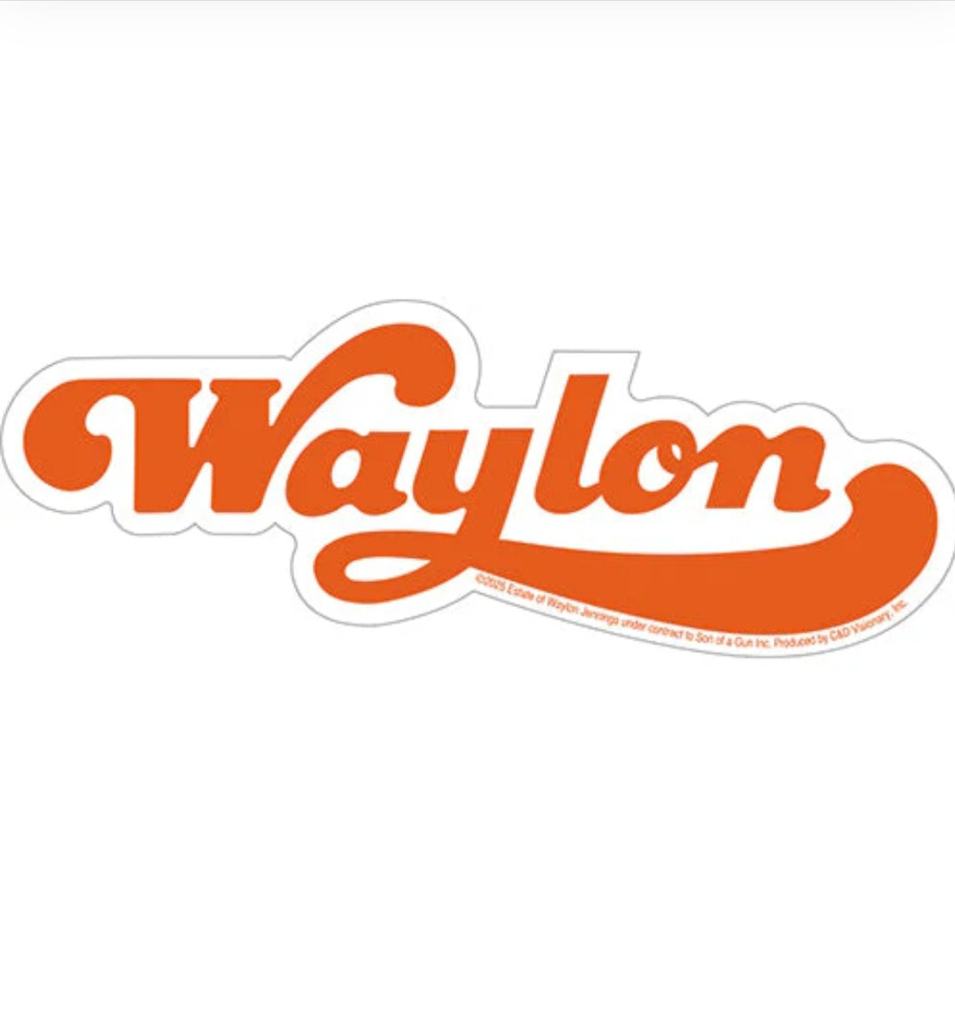 Waylon band sticker with orange script 'Waylon' and white outline