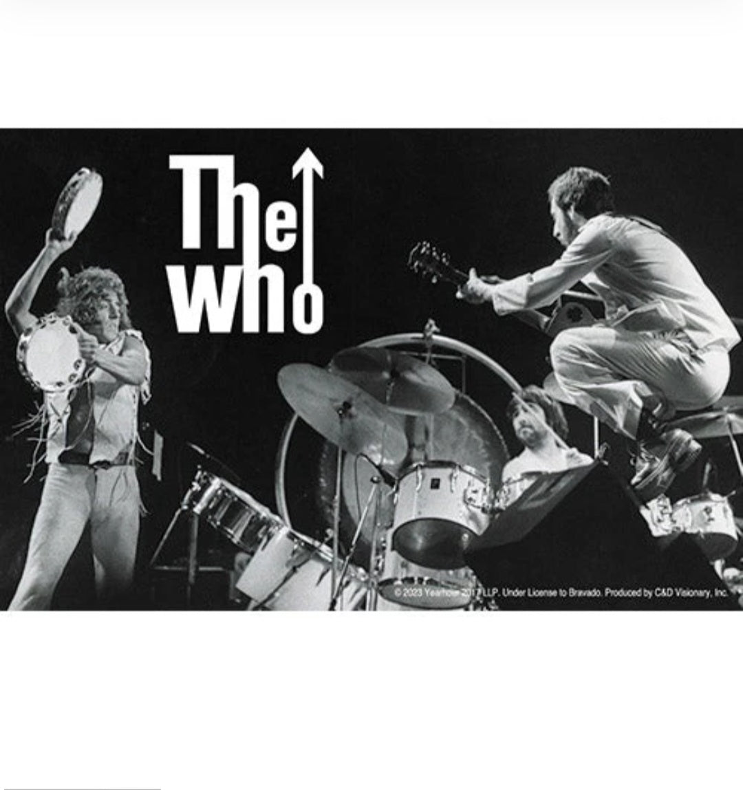 Band sticker with The Who logo and upward arrow, black-and-white
