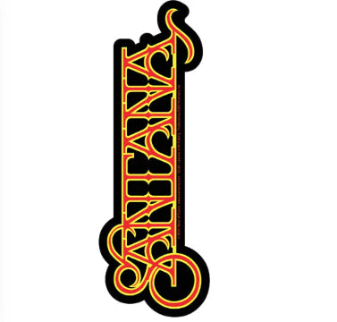 Colorful stylized band sticker with vertical logo, red and yellow lettering on dark outline