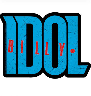 Billy Idol band sticker with large blue “BILLY” letters and red “IDOL” dots