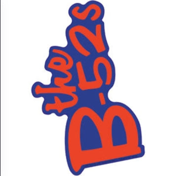 Stylized band logo sticker with blue and red outlined lettering, die-cut shape