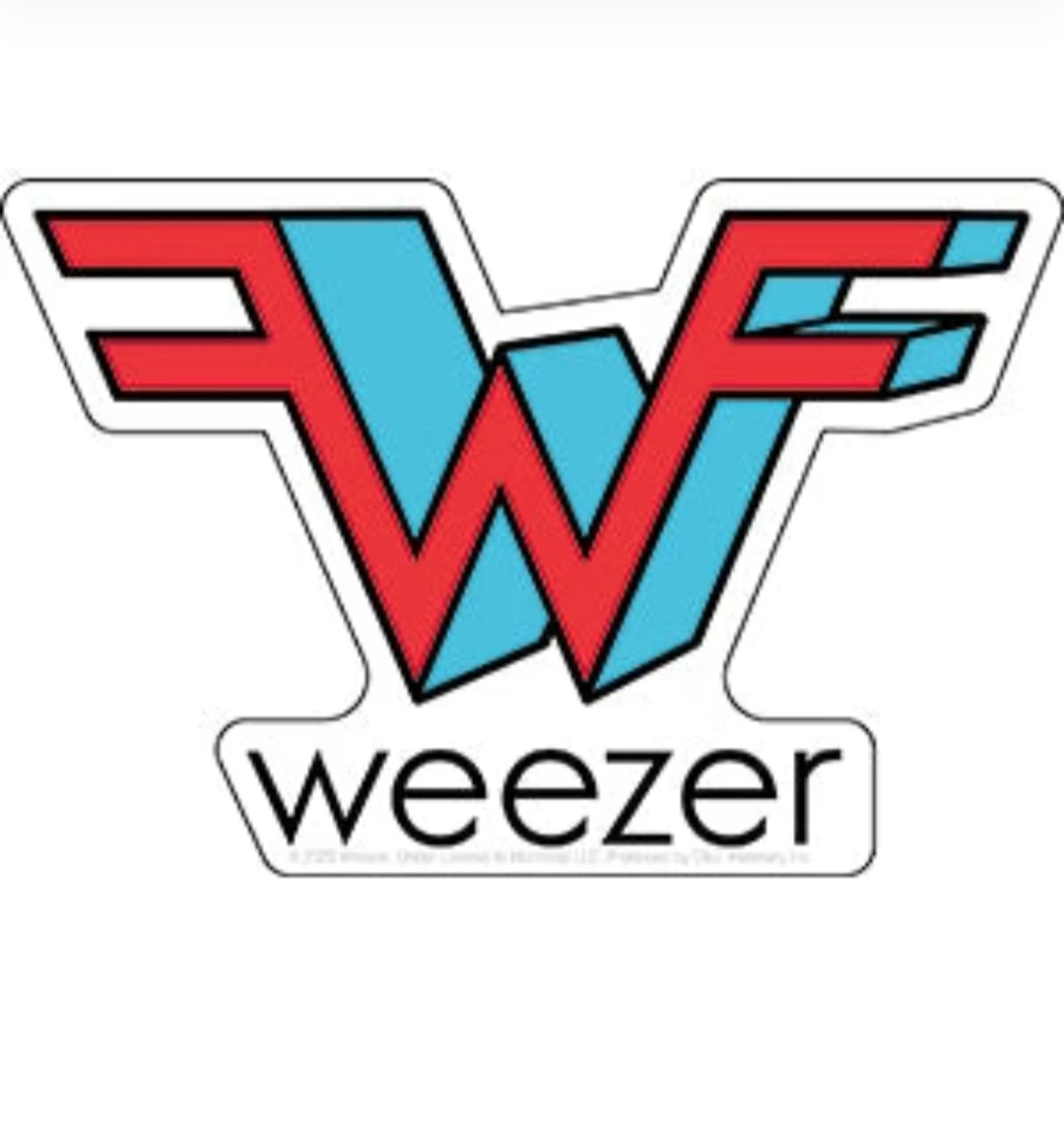 Weezer band sticker with blue and red stylized 'Weezer' logo and text