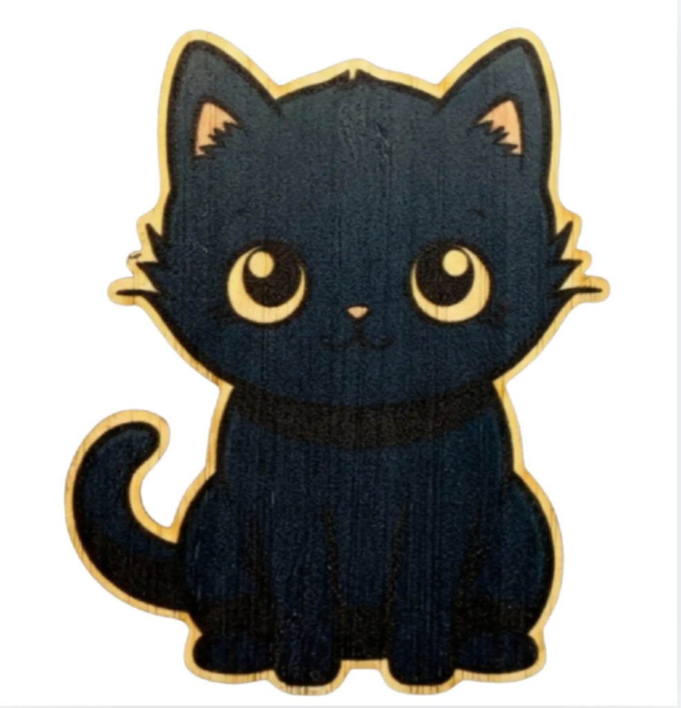 Black cat bamboo sticker with yellow eyes and crescent moon highlights