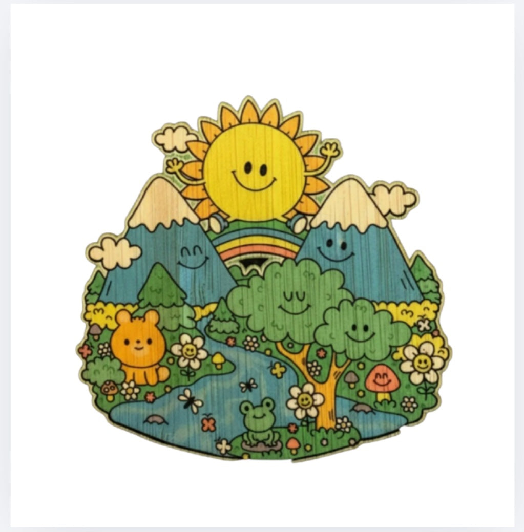 Colorful bamboo playground sticker with smiling sun, mountains, rainbow and animals
