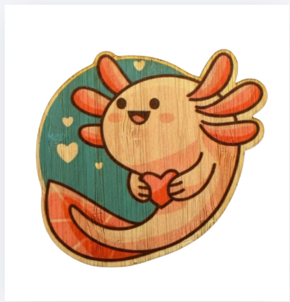 Bamboo axolotl sticker with smiling face, holding heart, teal background with small hearts